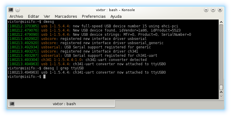 Buscar el puerto serie USB con Linux y dmesg