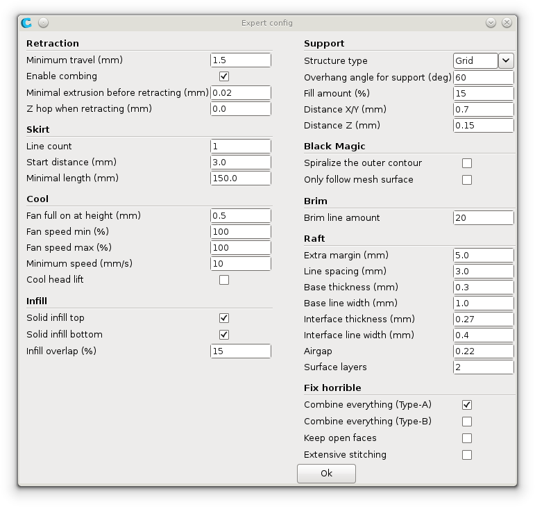 Cura expert settings dialog