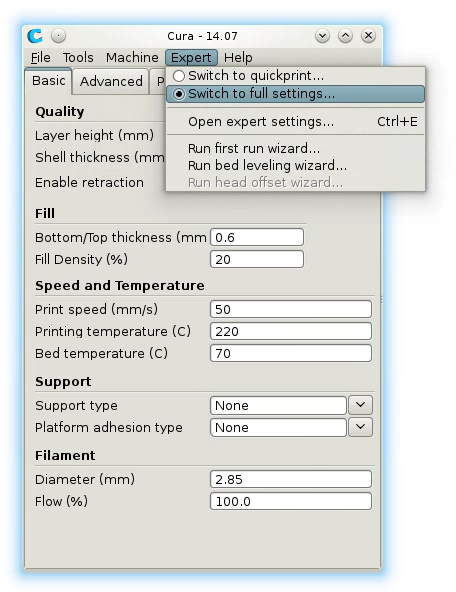 Cura expert switch full settings dialog