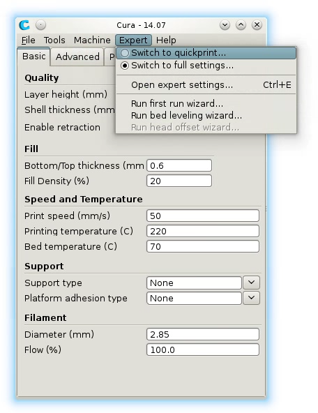 Cura expert switch quickprint dialog