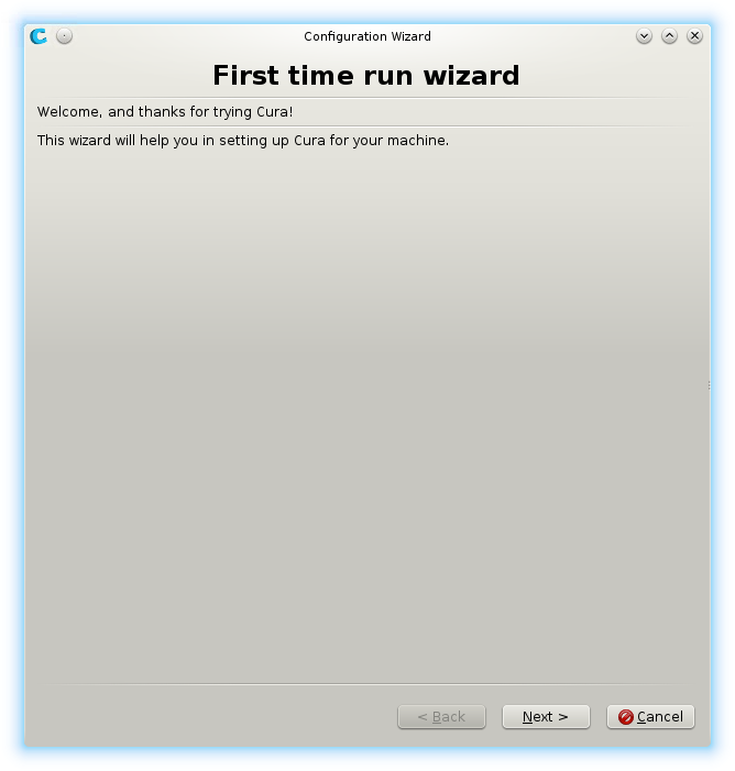 Cura first time run wizard dialog