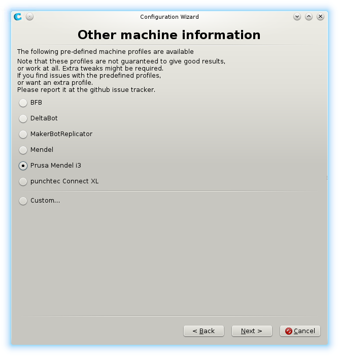 Cura first time run wizard other machine information