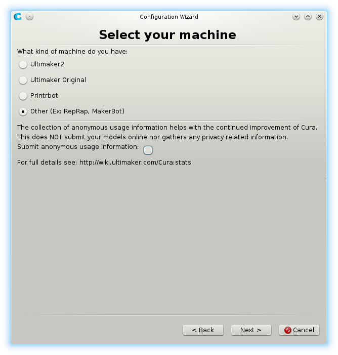 Cura first time run wizard select machine