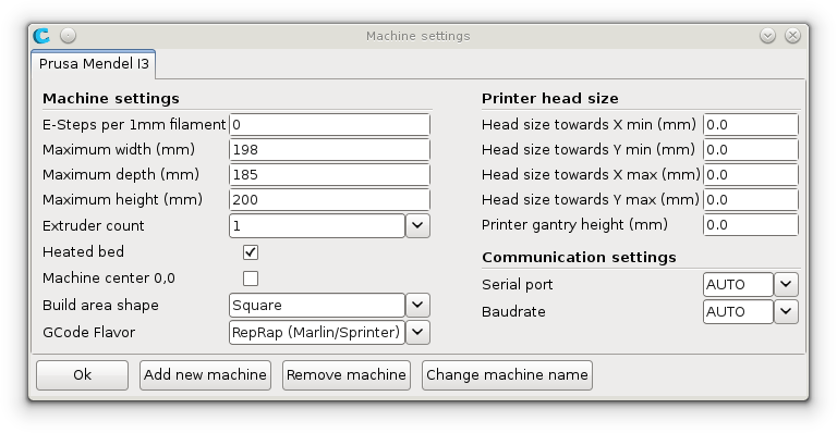 Cura machine settings dialog