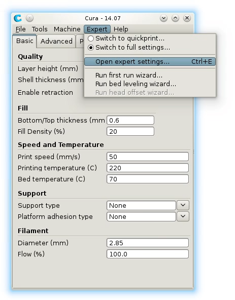 Cura open expert settings menu