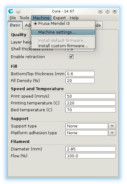 Cura open machine settings menu