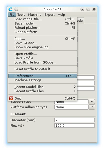 Cura preferences menu