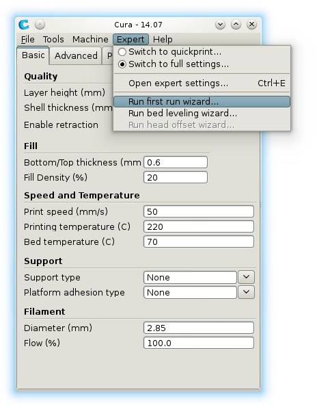 Cura run first time run wizard menu