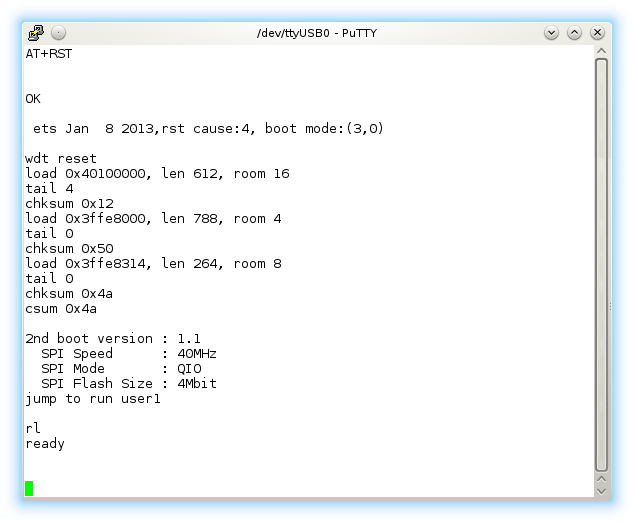 Un ejemplo de sesión de PuTTY con comandos AT