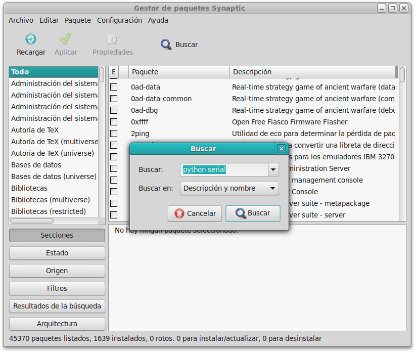 buscar python serial synaptic linux guadalinex