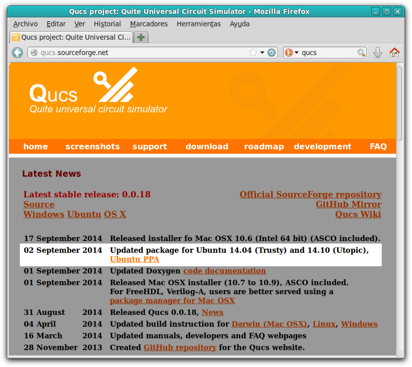 Página web del proyecto Qucs buscada en Internet con DuckDuckGo