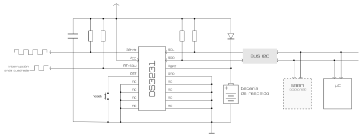 circuito-de-aplicaci%C3%B3n-para-el-reloj-en-tiempo-real-DS3231 Reloj en tiempo real DS3231 con comunicaciones I2C