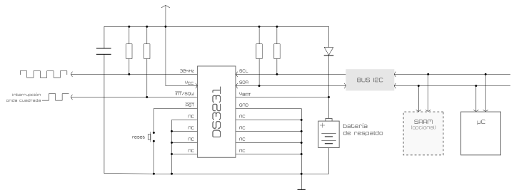 circuito de aplicación para el reloj en tiempo real DS3231