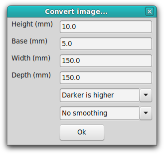 Cuadro de diálogo de Cura para convertir a 3D una imagen