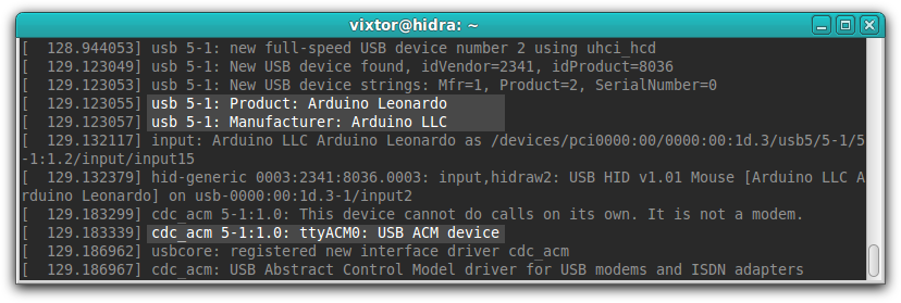 dmesg señalando el puerto USB de Arduino Leonardo