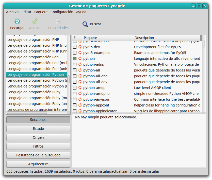 lenguaje de programación python synaptic linux guadalinex