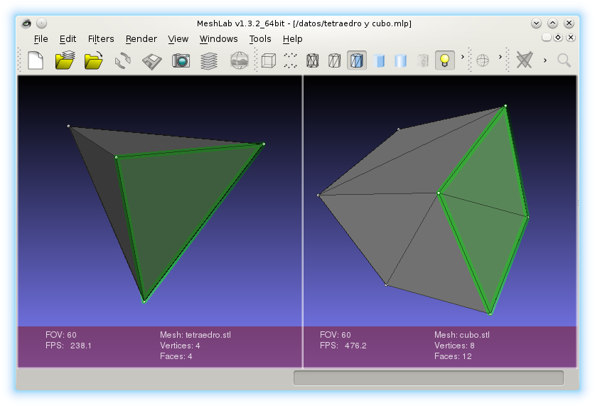 Tetraedro y Cubo en STL con caras formadas por triángulos