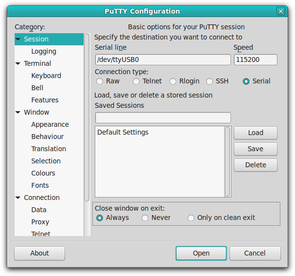 Configuración de PuTTY para usar el módulo ESP8266 por serie