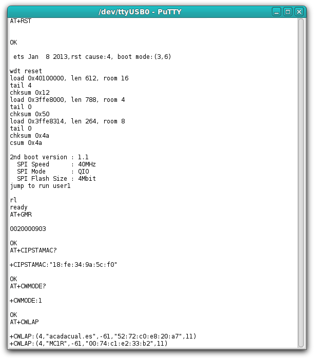 Sesión de PuTTY con el módulo ESP8266 por serie USB