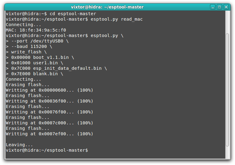 sesión de grabación de firmware en el módulo ESP8266 con esptool