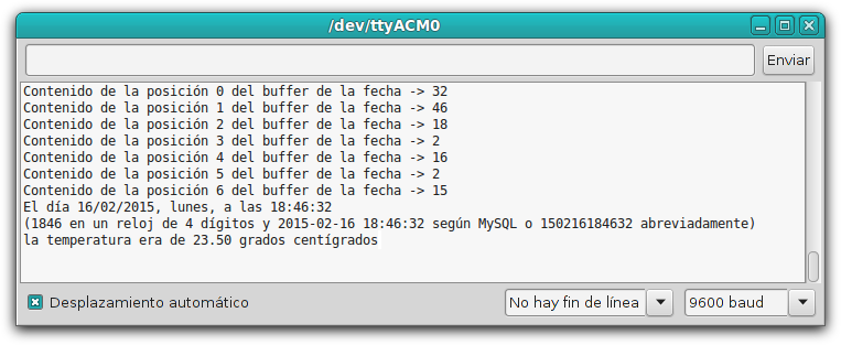 salida consola Arduino librería reloj tiempo real (RTC) y temperatura DS3231 por bus I2C