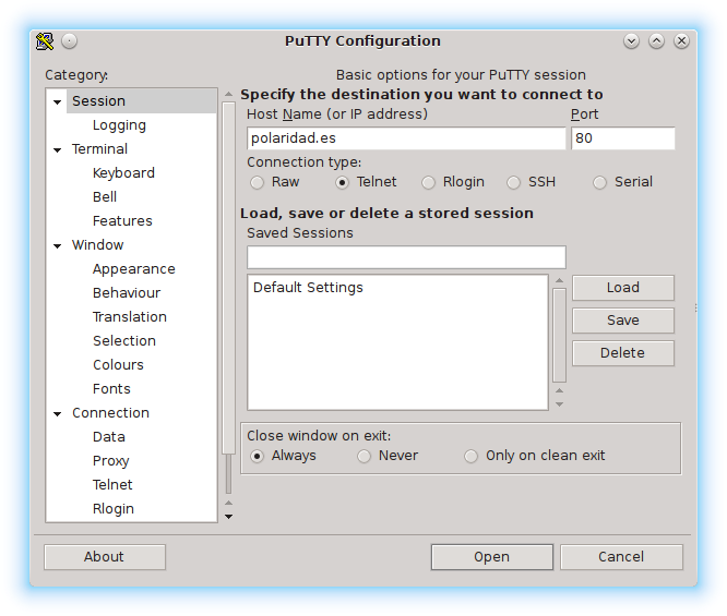 Conectar al servidor web polaridad.es usando PuTTY para almacenar datos IoT