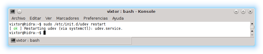 Recargar las reglas udev en Debian con /etc/init.d/udev restart