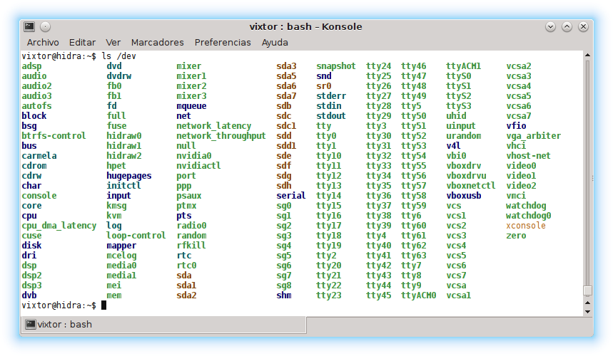 Listado de los dispositivos (nodos) en /dev