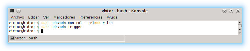 Recargar las reglas udev con udevadm control --reload-rules y udevadm trigger
