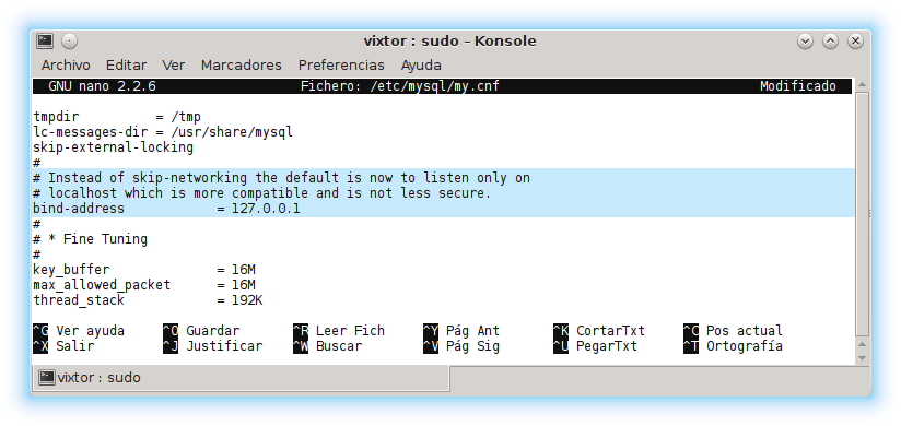 Configuración de la base de datos MySQL editando el archivo my.cnf (en etc mysql)