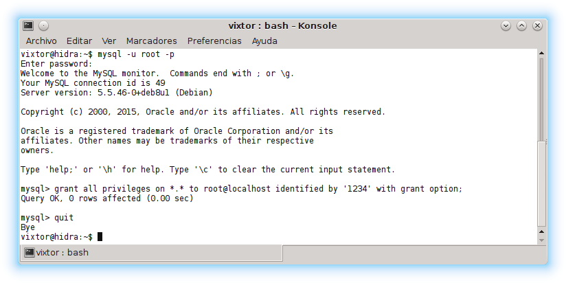 Configuración del usuario root de MySQL desde la consola