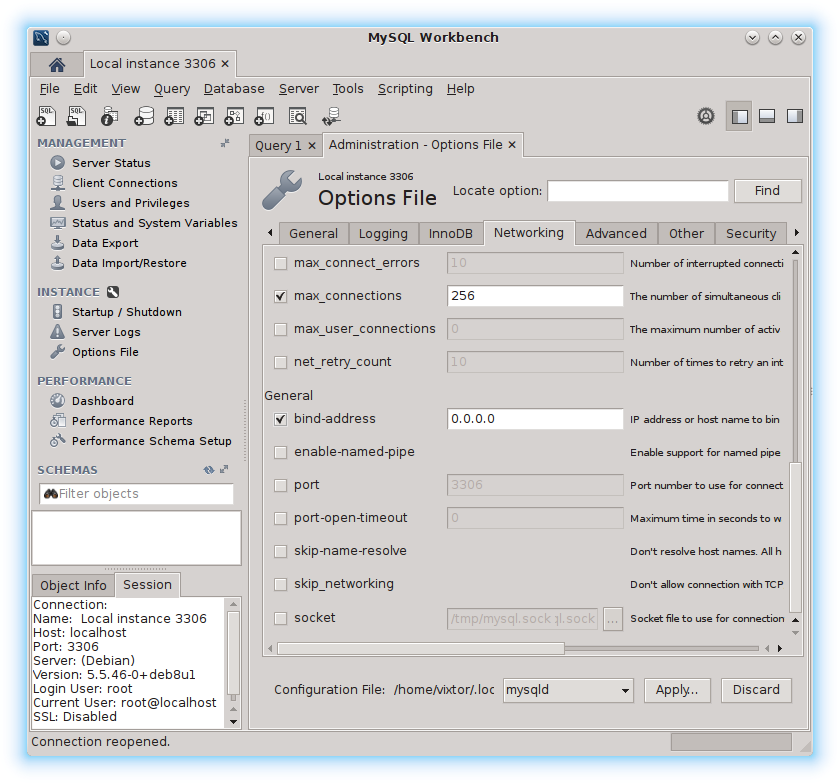 Panel de administración de MySQL Workbench