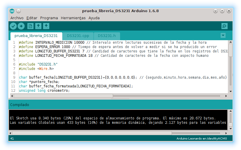 Captura de pantalla de la memoria de la nueva librería DS3231 Arduino