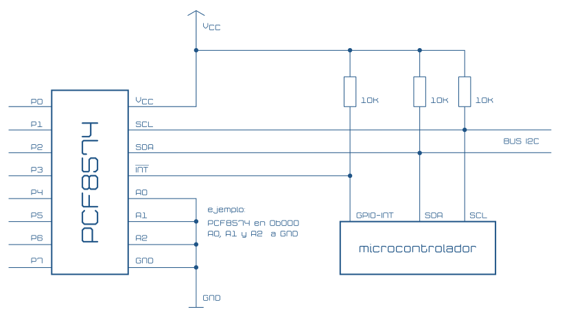 Expansor de ES I2C de 8 bits PCF8574. Circuito de aplicación