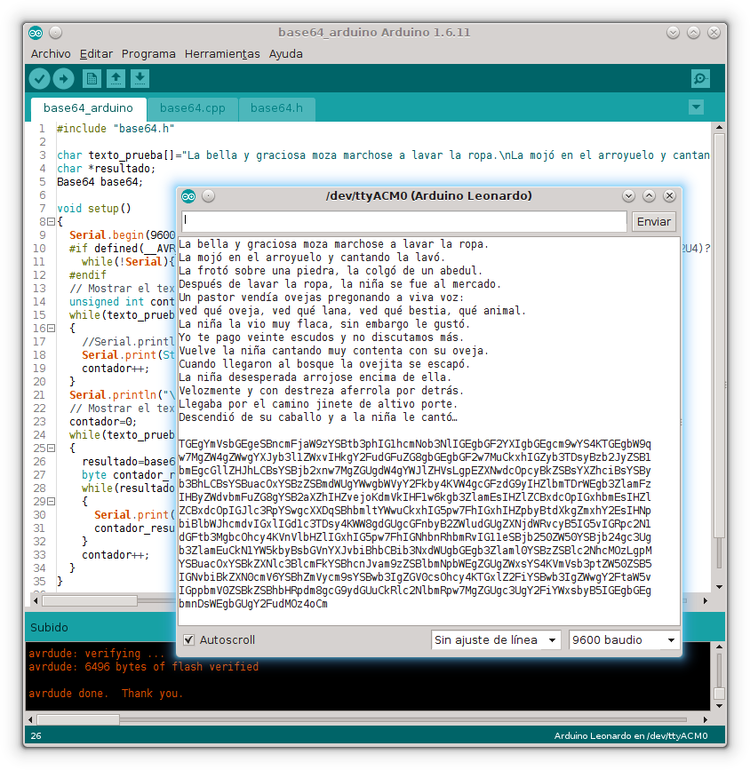 Codificación Base64 con Arduino. Ejemplo de salida de conversión de texto