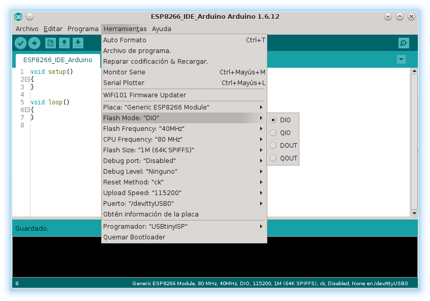 Programar SoC ESP8266 con el IDE Arduino modo grabación memoria flash