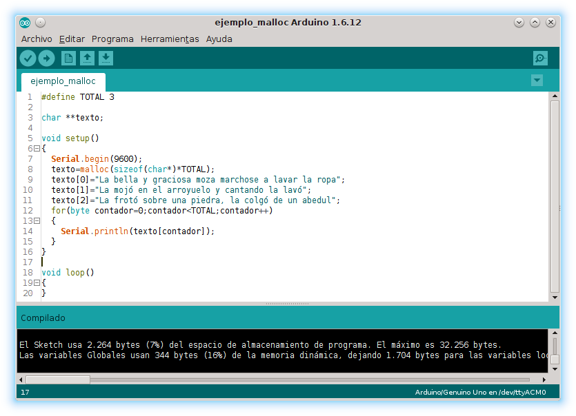 Ejemplo de asignación de memoria con malloc en Arduino