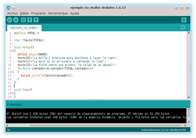 Ejemplo de asignación de texto sin malloc en Arduino