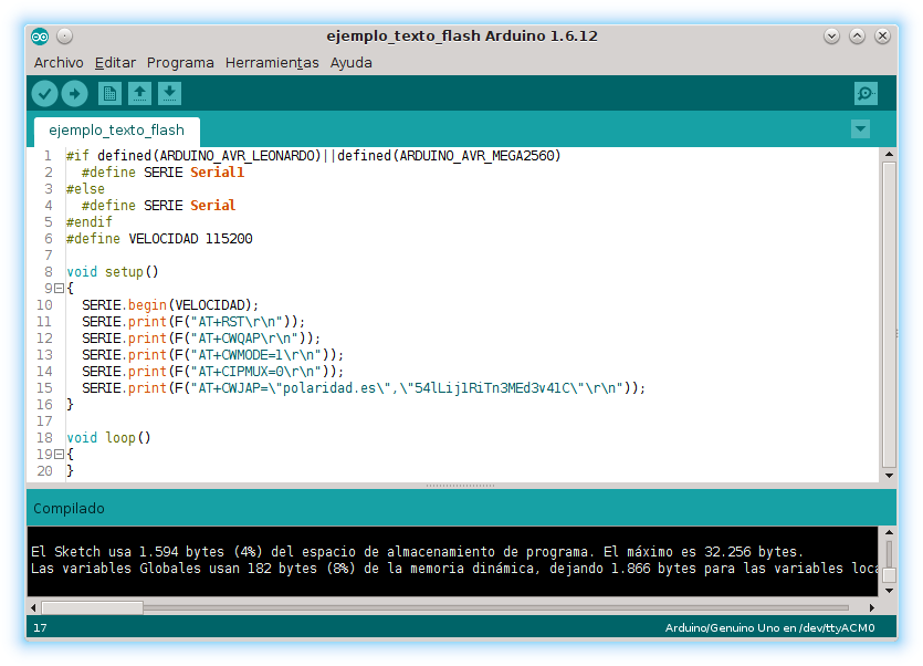 ejemplo de código Arduino que usa texto en SRAM