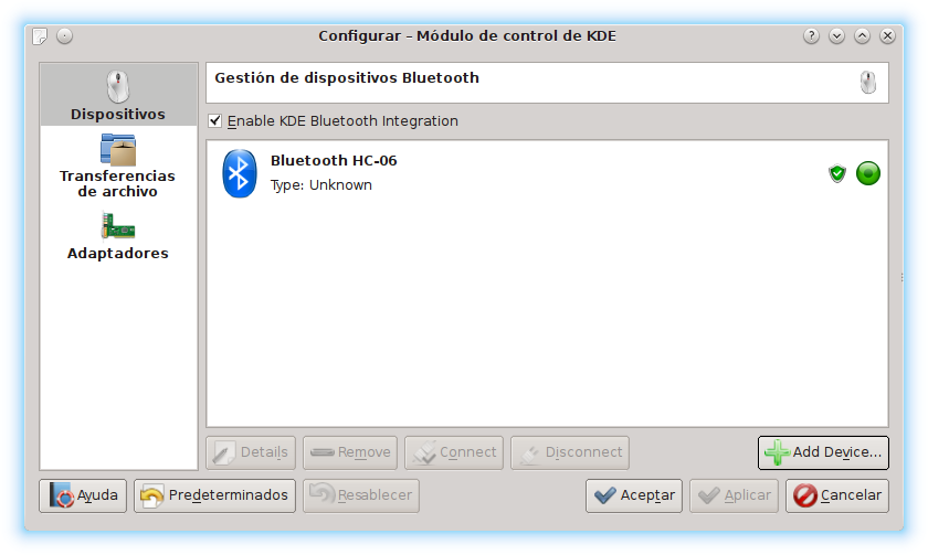 Configuración Bluetooth KDE conectado