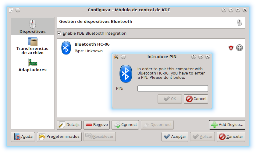 Configuración Bluetooth KDE emparejar