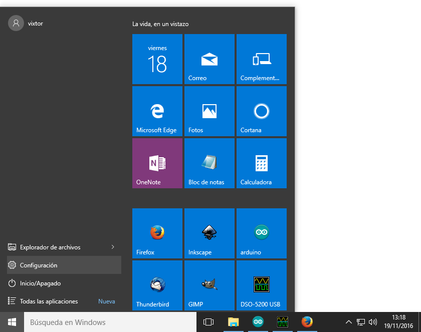 Configuración Windows menú inicio