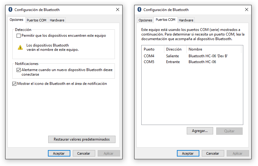 Configuración de los puertos serie (COM) de un dispositivo Bluetooth en Windows