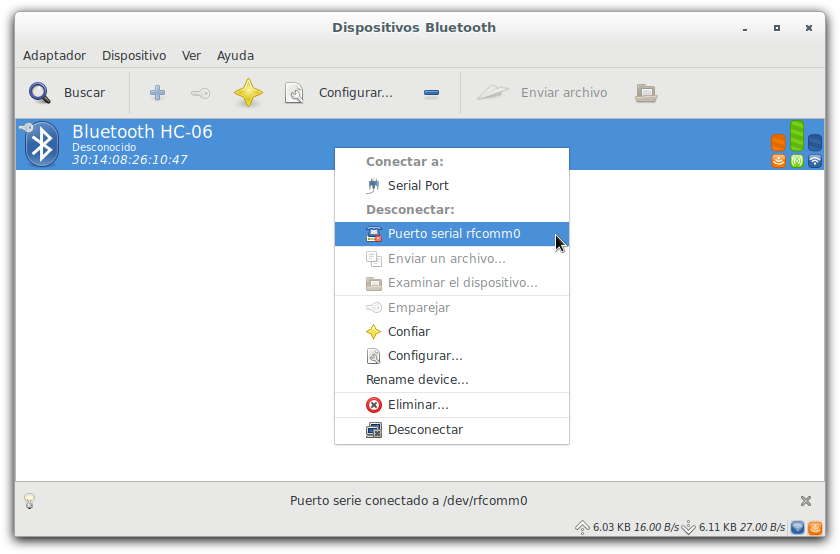 Configurar Bluetooth GTK Conectado a puerto serie rfcomm