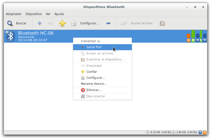 Configurar Bluetooth GTK Conexión serie