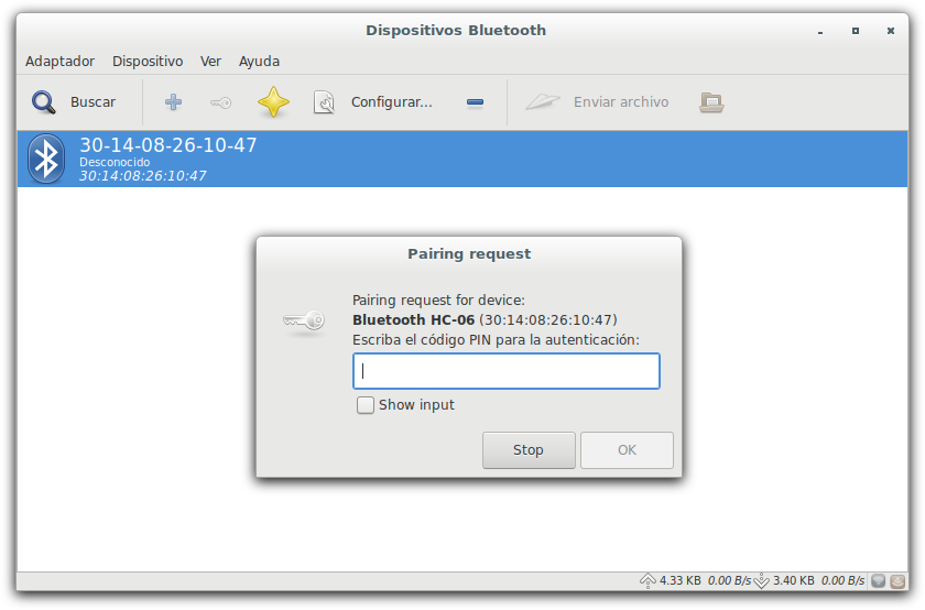 Configurar Bluetooth GTK Emparejar PIN