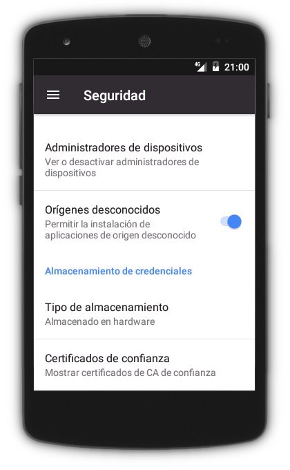 Android ajustes seguridad orígenes desconocidos aceptados