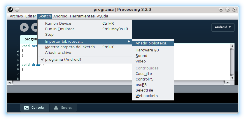 Processing Android Librería Bluetooth Ketai instalar nueva contribución