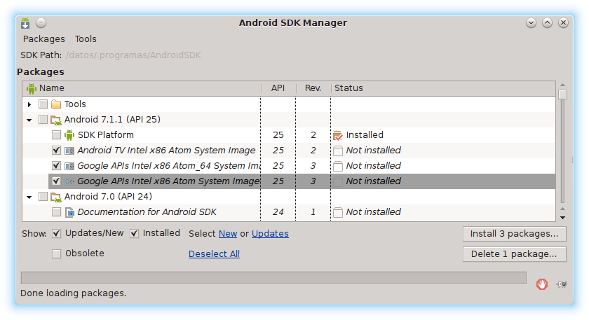 Processing Android SDK Manager componentes kit desarrollo