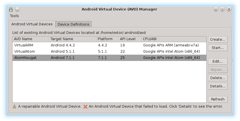 Processing Android Virtual Device AVD Manager